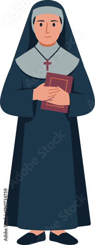 Flat vector illustration of a catholic nun holding a holy bible for religious education church and spiritual concepts,