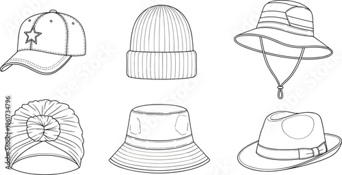 Hat icons illustration, fashion accessories vector, baseball cap design, knit beanie silhouette, sun hat graphic, turban style, bucket hat, fedora
