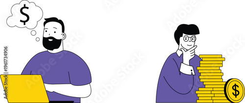 Two people pondering financial thoughts with money symbols and stacks of coins nearby