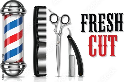 Barber pole, comb, scissors, and straight razor - symbols of a fresh haircut for men