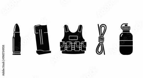 Minimalist black icons of bullet, pistol magazine, tactical vest, coiled rope, and Molotov cocktail displayed horizontally on a white canvas