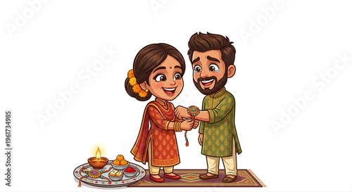 Raksha Bandhan Brother Sister Caricature Vector Illustration Isolated