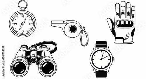 Top-down view of five black-and-white illustrations showing a stopwatch, whistle, robotic hand, binoculars and analog watch on a surface