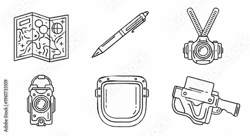 Illustrated set of map, pencil, headphones, camera, smartwatch and video camera on white background, viewed from a top‑down perspective