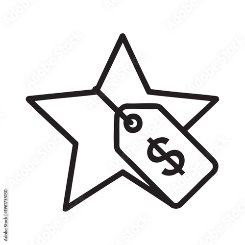 A star shaped icon with a dollar sign tag attached to it represents a discount or reward symbol on a white background