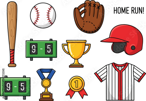 Baseball Equipment and Awards Featuring Bat, Ball, Glove, Helmet, Jersey, Scoreboard, Trophy, and Medal