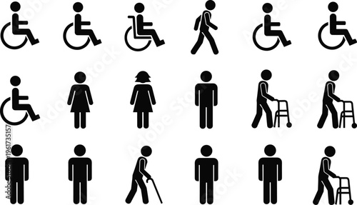 Inclusive accessibility silhouette icons, diverse human figures, wheelchair, walker, standing, walking, male female representation, mobility diversity, public signage design