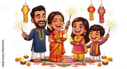 Happy Indian Family Diwali Celebration Caricature Vector Illustration Isolated