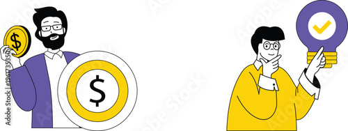 Two professionals discussing financial success and approval with money symbols and magnifying glass checkmark