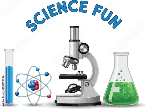 Science fun with chemistry and physics experiments, featuring microscope, atom model, and beakers