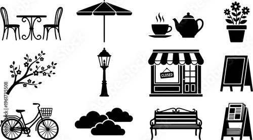 spring street cafe terrace outline. Line outline icon set of spring street cafe terrace outline: cafe table,
