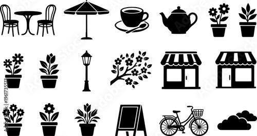 spring street cafe terrace outline. Line outline icon set of spring street cafe terrace outline: cafe table,
