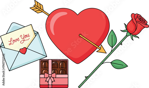 Valentine's Day Gift Icons Heart, Rose, Chocolate, Envelope with Love Message