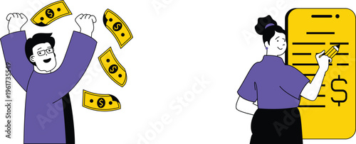 Two people celebrating financial success and budgeting with money and a spreadsheet