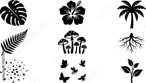 Glowing tropical rainforest. Filled icon set of Glowing tropical rainforest: radiant palm, glowing fern, light
