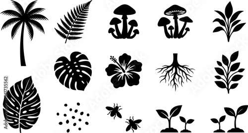 Glowing tropical rainforest. Filled icon set of Glowing tropical rainforest: radiant palm, glowing fern, light
