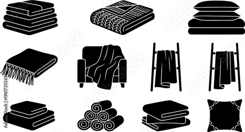 Decorative blankets. Filled icon set of Decorative blankets: patterned throw, fringe blanket edge, folded decor blanket,
