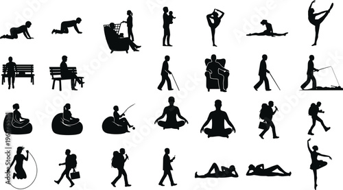 Collection of human life activities silhouettes including baby growth fitness yoga walking sitting business lifestyle isolated vector illustration set