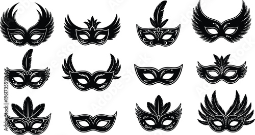 Masquerade mask icons vector, decorative silhouette design, costume party illustration, carnival disguise graphic, theatrical celebration symbol, festive fashion art set