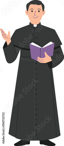 Flat vector illustration of a catholic priest in traditional black soutane preaching and holding a purple holy bible,