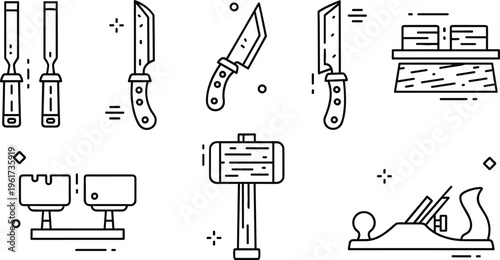 Carpentry tools line icons set knives hammer plane woodworking equipment vector illustration minimal outline design collection