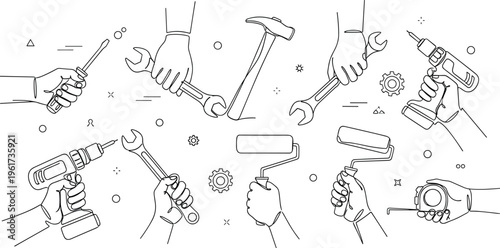 Construction tools in hands line icons set drill wrench hammer roller repair vector illustration minimal outline collection design