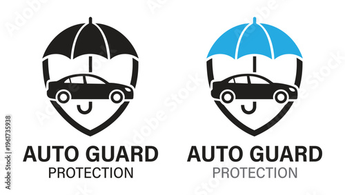 Auto Guard Protection Logo with Car Silhouette and Umbrella Shield Icons for Vehicle Insurance, Automotive Security Services, and Weatherproofing Branding