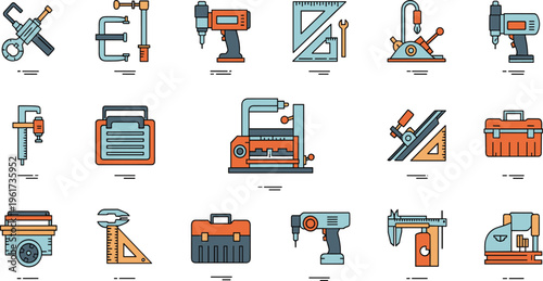Construction tools and equipment icons set drill toolbox ruler machine flat vector illustration industrial repair collection design