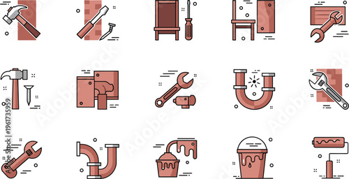 Home repair tools and painting icons set wrench hammer pipe paint bucket vector illustration flat design collection