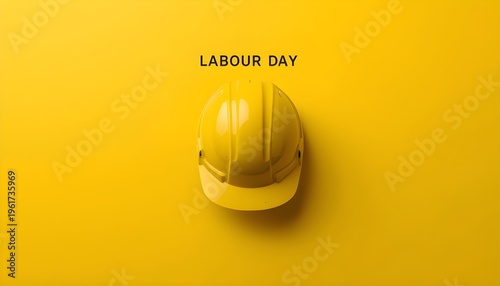 A yellow hard hat on a bright yellow background celebrating Labour Day