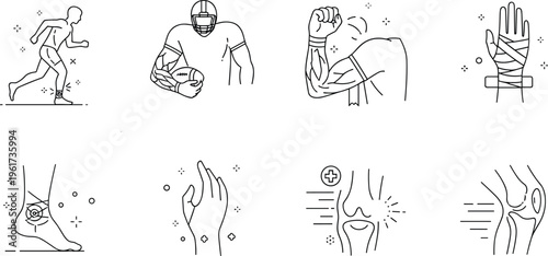 Sports injury and pain icons set athlete muscle joint bandage medical line vector illustration healthcare design