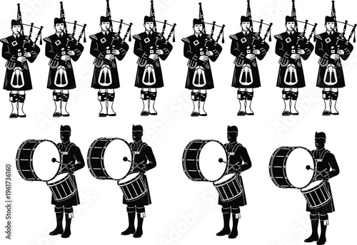 Cuadro en lienzo Scottish Bagpipe and Drum Band Silhouette Set Featuring Highland Pipers in Kilts