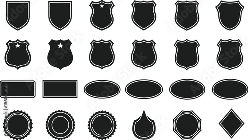 Shield and Badge Silhouette Set Featuring Heraldic Crests, Security Protection Symbols, Police Insignia, Empty Label Frames, and Military Rank Graphic Elements