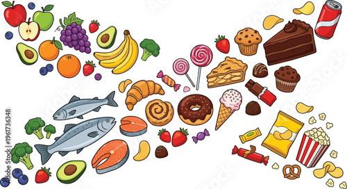 Healthy and Unhealthy Food Comparison with Fruits, Fish, Vegetables and Junk Snacks, Balanced Diet Concept Illustration, Cartoon Style Nutrition Vector Set