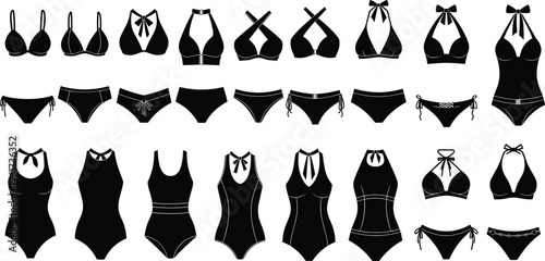 Swimsuit icons vector, bikini tops silhouettes, bikini bottoms illustration, one-piece swimwear graphic, fashion beachwear design, summer clothing symbol, stylish swim set