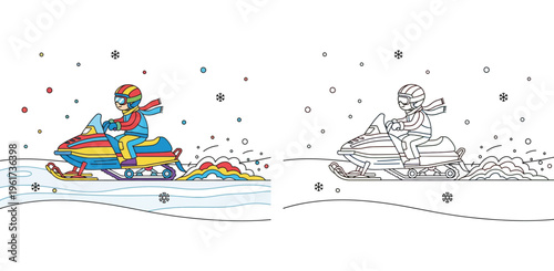 Snowmobile riding cartoon illustration and black and white coloring page for kids, winter sports activity with person in winter gear and helmet driving through snow background