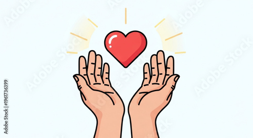Hands cupping a glowing red heart symbolizing love and care in a light blue background