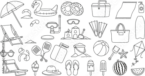 Summer Beach Vacation Line Art Set Including Umbrella Flamingo Float Sunglasses Flip Flops Sandcastle Beach Ball Ice Cream and Travel Accessories for Holiday Vector Designs