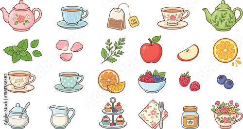 Tea Time Elements Collection with Teapots, Cups, Fruits, Berries, and Desserts in Cute Cartoon Style for Cozy Lifestyle and Cafe Designs