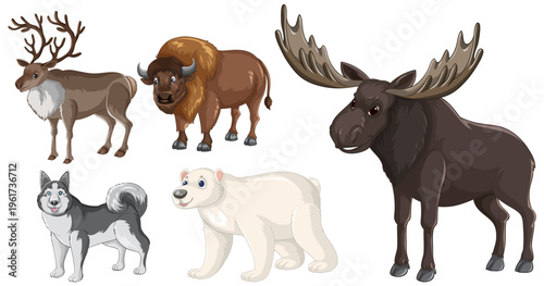 Collection of Arctic and North American Wildlife Vector Illustrations on White Background