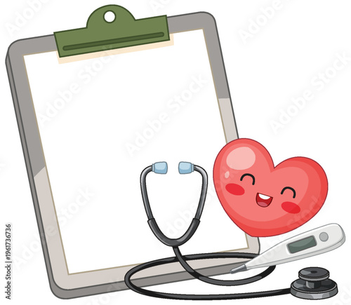 Medical Clipboard with Stethoscope and Happy Cartoon Heart Character