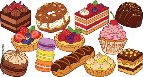 Assorted French Pastry and Gourmet Dessert Collection Featuring Macarons, Eclairs, Fruit Tarts, Cupcakes, and Chocolate Cakes for Bakery and Cafe Menu Vector Designs