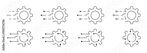 Line art icons depicting various gears with elements signifying digital data flow, processing, connectivity, and automation, representing advanced technological concepts.