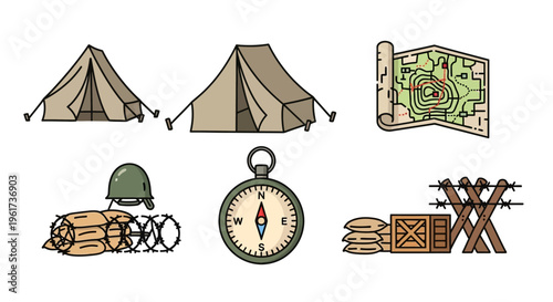 Camping gear and navigation tools.
