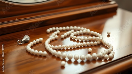unanimity. Delicate pearl necklace with undone clasp on a polished wooden surface. lifestyle magazines, social media lookbooks, designed for lifestyle magazines and social media content.
