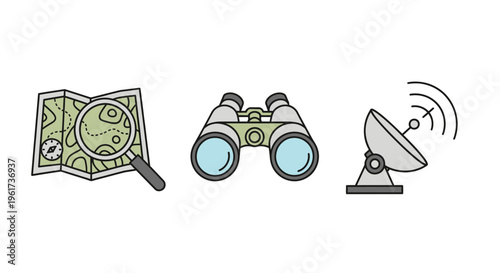 Magnifying glass on map binoculars satellite.