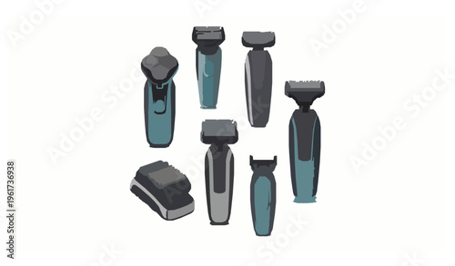 Electric shaver vector set with cordless beard razors in circular composition isolated on white