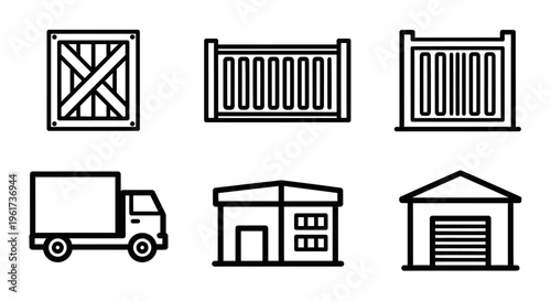 Industrial Buildings and Delivery Truck Icons.