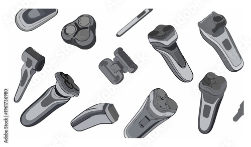Electric shaver collection vector with modern beard razors in dynamic layout isolated on white