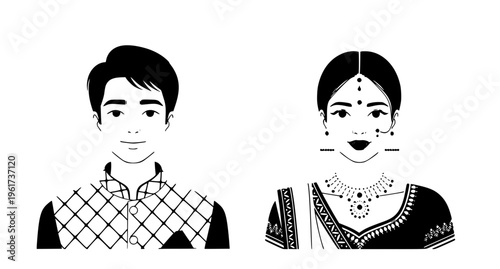 Indian boy and girl portrait vector in traditional ethnic clothing with detailed costume design isolated on white